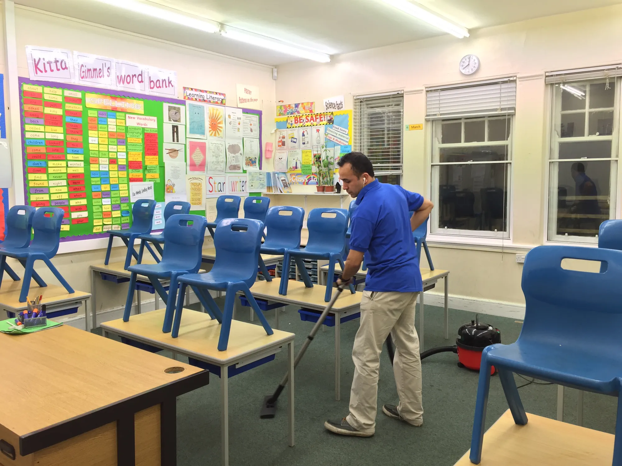 Cleaning a school common area and cafeteria in Austin